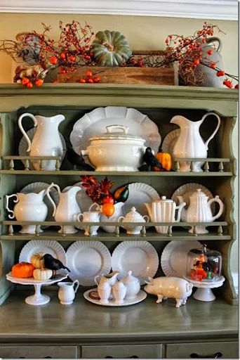 Fall Hutch Decor Ideas, Hutch Styling, Hutch Top, Decorating For Halloween, Cedar Hill Farmhouse, Hutch Decor, Top Decor, Fall Country, Fall Deco