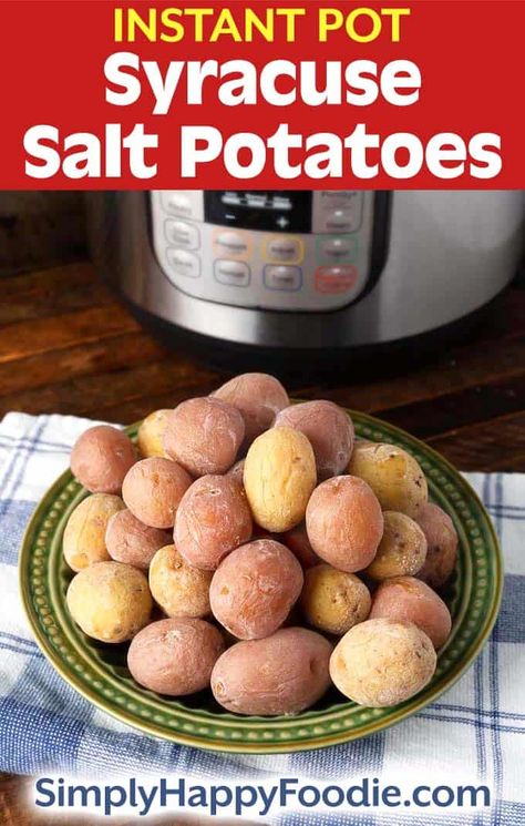 Instant Pot Syracuse Salt Potatoes are a delicious vegetable side dish or appetizer. Make this salt potato recipe in under 30 minutes. Pressure cooker Syracuse Salt Potatoes are sure to be a favorite side dish recipe! simplyhappyfoodie.com #saltpotatoes #instantpot #babypotatoes Syracuse Salt Potatoes, Salt Potatoes, Tasty Potato Recipes, Best Instapot Recipes, Simply Happy Foodie, Mini Recipes, Meatless Dinners, Salted Potatoes, Potatoes Recipes