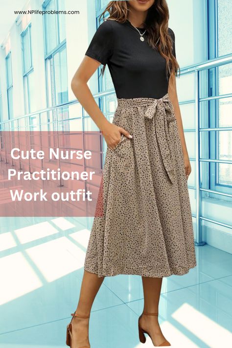 This elegant and modest work dress is perfect for nurse practitioners! The breathable fabric and chic design make it a go-to choice for those sunny days at the clinic. ☀️💉 #NursePractitionerStyle #ClinicFashion #ProfessionalAttire #SummerWorkDress #NursingFashion #DressForSuccess #NurseLife #MedicalProfessional #NursingStyle 👗💉👠 Affiliate disclosure: This post may contain affiliate links, which means we may earn a small commission if you make a purchase through our links. Nurse Practitioner Outfits Work Attire, Nurse Practitioner Outfits, Clinic Outfits, Business Casual Work Outfits, Modest Business Casual, Summer Work Dress, Classy Summer Dress, Summer Dress Short, Business Casual Summer