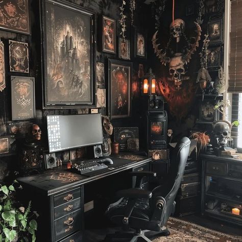 Dark Academia Space Aesthetic, Horror Office Ideas, Gothic Office Aesthetic, Goth Study Room, Alt Interior Design, Corporate Goth Office Decor, Whimsy Goth Office, Witchy Pc Setup, Gothic Pc Setup