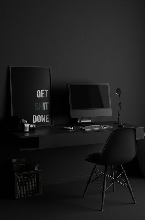 Black Office Decor, Black Room Aesthetic, Home Office Dark, Dark Office, Black Desk Office, Black Interiors, Office Decor Ideas, Trendy Office, Black Office