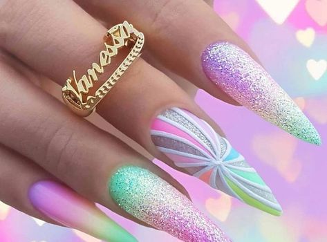 Vanessa Nails, Nail Designs And Colors, Glitter Accent Nails, Pointy Nails, Acrylic Nail Set, Sassy Nails, Spring Nail Designs, Stylish Nails Designs, Rainbow Pastel