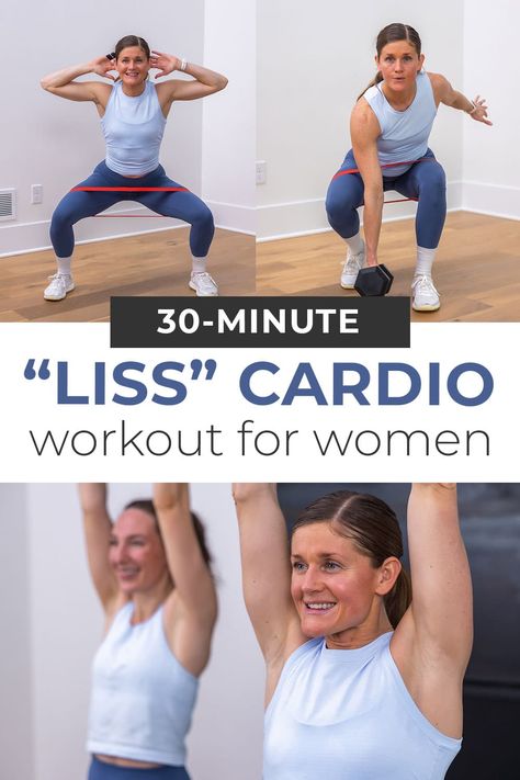 Get your heart pumping, build muscle and burn calories at home with this "strength and steps" LISS cardio workout! LISS (low-intensity steady-state) training is an accessible and joint-friendly way to get fit at home. This all-standing workout is a great way to get your daily steps in as well - I personally got over 2,000 steps during today's workout. Low Impact Strength Training At Home, Low Intensity Workout At Home, Nml Workouts, Liss Cardio Workout, Workout Steps, Cardio Ideas, Liss Cardio, Cardio With Weights, Step Aerobic Workout