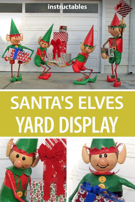 Elf Yard Decorations, Diy Elf Outdoor Decorations, Christmas Outdoor Theme Decorations, Paper Mache Elf, Christmas Elves Decorations, Elf Decorations Christmas, Christmas Yard Displays, Diy Christmas Yard Art, Wooden Christmas Yard Decorations