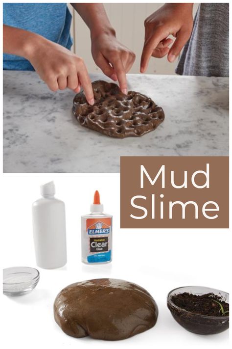 Grab a shovel and get ready to roll in the mud with this mud slime recipe! It’s super easy and kid-friendly! Mud Slime Preschool, Mud Slime Recipe, Mud Crafts Preschool, Mud Preschool Activities, Mud Activities For Preschool, Mud Paint Recipe, Mud Playdough, Mud Crafts, Mud Painting