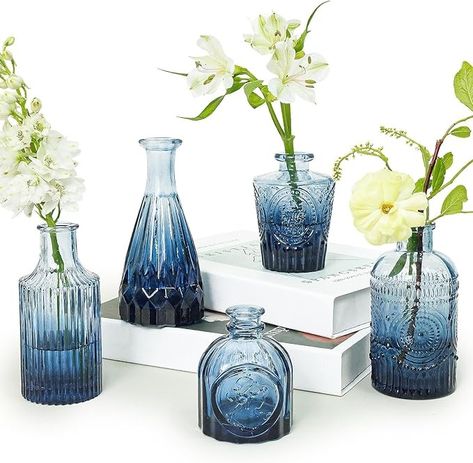 Amazon.com: SUPMIND Glass Bud Vase Set of 5, Green Small Flower Vases for Centerpieces in Bulk, Mini Vintage Vase for Rustic Wedding, Home,Table Decoration : Home & Kitchen Blue Table Decorations Party, Blue Vase White Flowers, Shades Of Blue Wedding Table Decor, Simple Blue Flower Centerpieces, Blue Engagement Party Decorations, Blue Winter Wedding Centerpieces, Blue Bridal Shower Centerpieces, Wedding Decorations Dusty Blue, Blue And Silver Wedding Decorations