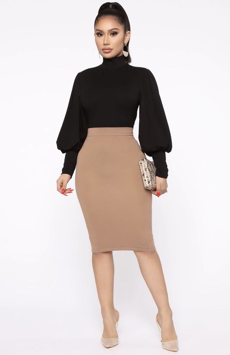 Cooperate Outfits For Women, Office Wear Dresses, Stylish Office Wear, Business Dress Women, Mock Neck Bodysuit, Bodysuit Black, Classy Work Outfits, Body Con Skirt, Curve Dresses