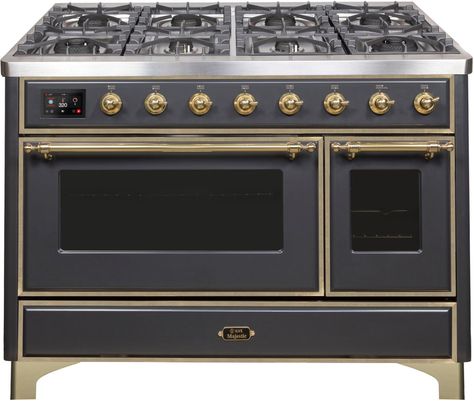 ILVEUSA - UM12FDNS3MGG Ilve Majestic, Ilve Range, Freestanding Range, Kitchen Centerpiece, Dual Fuel Ranges, Brass Trim, Iron Grate, Cool Doors, Warming Drawer