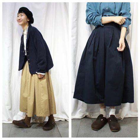 Artsy Outfit Ideas, Wrap Skirt Outfit, Blue Wrap Skirt, Blue Pants Outfit, Natural Kei, Outfit Combos, Artsy Outfit, Japan Outfit, Small Wardrobe