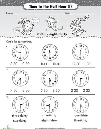 Worksheets: On the Half Hour: Telling Time with Malcolm Mouse Homework Kindergarten, Time To The Half Hour, How To Tell Time, Learn To Tell Time, Math Measurement, Time Worksheets, Teaching Time, Learning Worksheets, Math Time