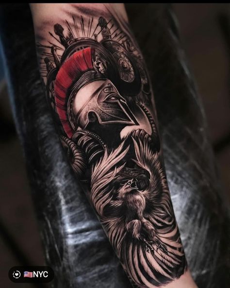 Warrior Tattoo Forearm, Spartan Forearm Tattoo Men Sleeve, Spartan Sleeve Tattoos For Guys, Spartan Forearm Tattoo, Forearm Tattoo Men Spartan, Spartan Half Sleeve Tattoo, Spartan Warrior Tattoo, Men’s Spartan Tattoo, Anubis Tattoo