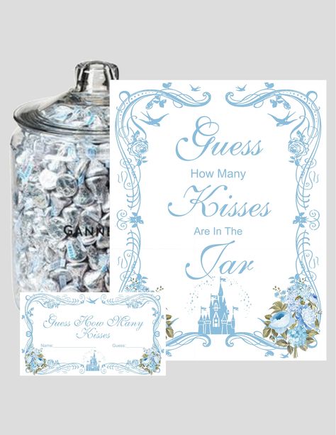 Personalized Fairy Tale Cinderella Castle Wedding How many Kisses Sign with guess cards #cinderellawedding Cinderella Bridal Shower Theme, Cinderella Bridal Shower Ideas, Cinderella Themed Wedding, Disney Themed Bridal Shower, Cinderella Bridal Shower, Cinderella Wedding Theme, Wedding Luminaries, Fairytale Bridal, One Day Bridal