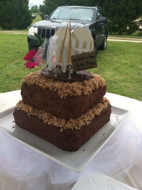 Groom's cake. German chocolate cake with chocolate buttercream frosting and coconut pecan filling. A special treat for the groom. The topper was hand made by my husband. What a trooper! How To Decorate A German Chocolate Cake, German Chocolate Cake Wedding, Decorated German Chocolate Cake, Grooms Cake German Chocolate, 6 Inch German Chocolate Cake, Chocolate Buttercream Frosting, Ombre Cake, Coconut Pecan, German Chocolate Cake