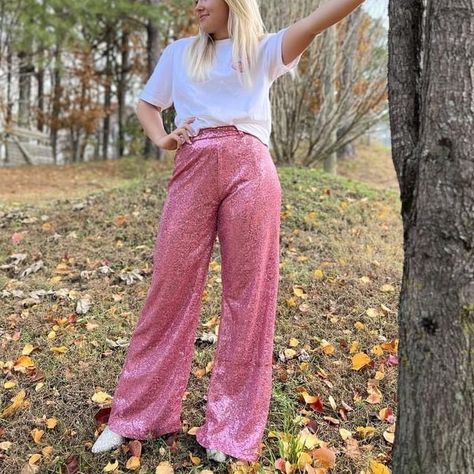 All Sequin Pink Pants! Strip Pants, Flair Pants, Band On The Run, Sequin Pink, Flowy Jumpsuit, Sequin Pants, Flare Leg Pants, Pink Pants, Pants Color