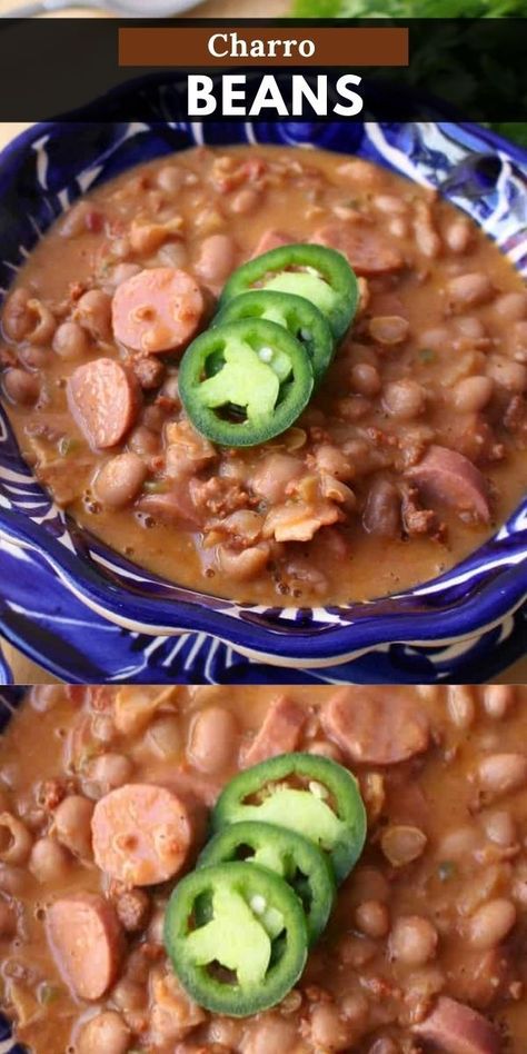 Baracho Beans Recipe, Charo Beans Recipe, Hot Dog Soup, Beans And Weenies, Hot Dogs And Beans, Bacon Hot Dogs, Charro Beans, Hearty Stew, Smoked Sausage Recipes