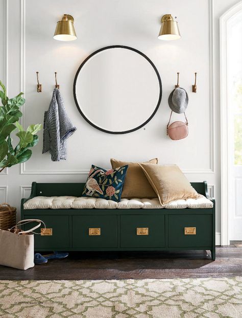 Bedroom Foyer Ideas, Green Bench Entryway, Entryway Circle Mirror, Foyer Seating Ideas Modern, Entryway Den Ideas, Hallway Foyer Ideas Entryway, Green Entryway Bench, Living Room Bench Ideas, Foyer Bench With Storage