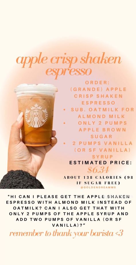 Low Cal Drinks, Low Calorie Starbucks Drinks, Coffee Orders, Apple Brown Sugar, Shaken Espresso, Starbucks Hacks, Starbucks Secret Menu Recipes, Secret Starbucks Recipes, Iced Drinks Recipes