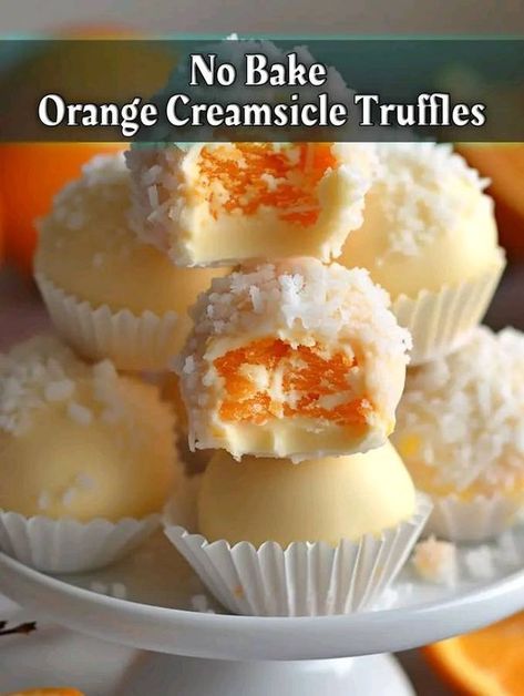 Grandma’s recipes | No Bake Orange Creamsicle Truffles | Facebook Orange Creamsicle Fudge, Orange Creamsicle Truffles, Creamsicle Truffles, Orange Cream Cake, Recipes No Bake, Gourmet Fudge, Candy Fudge, Chocolate Shots, Lollipop Recipe