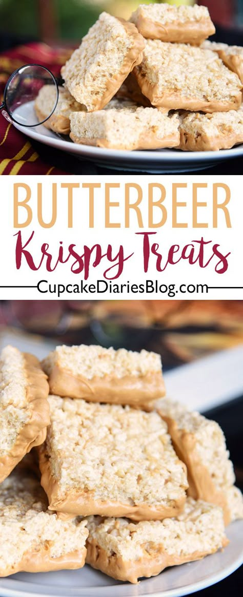 This is the treat for Harry Potter fans! Butterbeer Krispy Treats are so chewy and full of that butterbeer flavor. Perfect for a Harry Potter party! Party Halloween Food, Harry Potter Snacks, Butterbeer Recipe, Harry Potter Food, Krispy Treats, Festa Harry Potter, Cereal Treats, Rice Crispy Treats, Crispy Treats