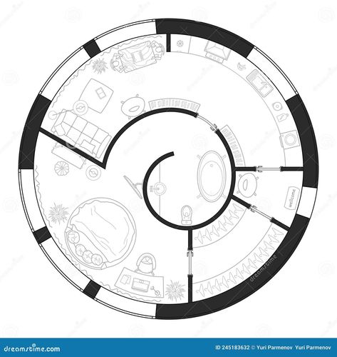 Plan of a Round House with Furniture Layout. Interior Drawing in Black and White, Top View. Vector Stock Vector - Illustration of bath, bedroom: 245183632 Round Room Interior Design, Circle Floor Plan, Circular Apartment, Circular Homes, Room Perspective Drawing, Round Couch, Circle Bed, Interior Drawing, Kitchen Floor Plan