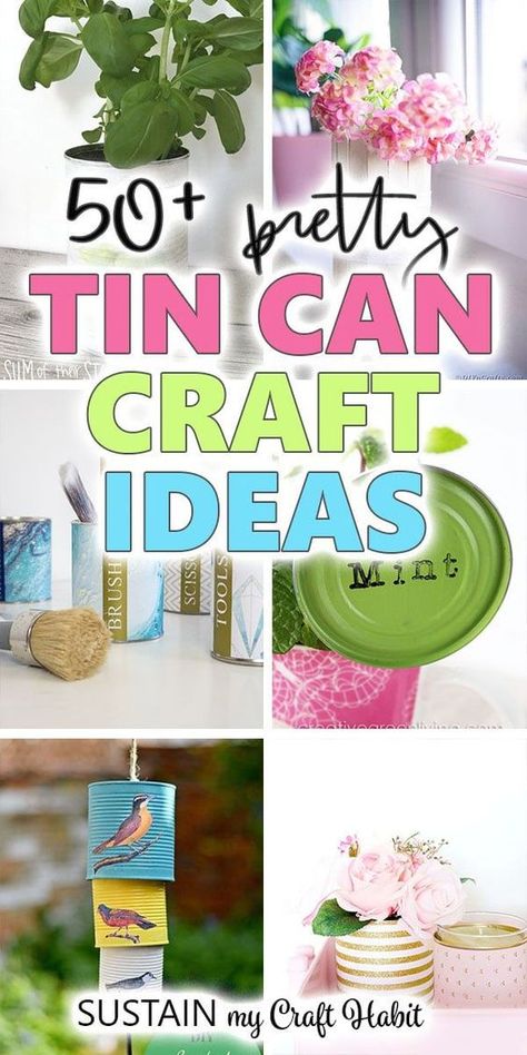 Wondering what items can be made out of tin cans? Explore over 50 tin cans recycling ideas to make for your home! These tin can craft ideas are a great way to use up those empty cans when you're bored. From planters, decor to organizing tools and more, you'll love all these projects that you can make with simple aluminum cans. https://sustainmycrafthabit.com/upcycled-tin-can-crafts/ Recycled Crafts Tin Cans, Tim Can Crafts Ideas, Can Craft Ideas, Upcycle Cans, Diy Tin Can Projects, Tin Can Decorations, Upcycle Bottles, Coffee Can Crafts, Recycled Cans