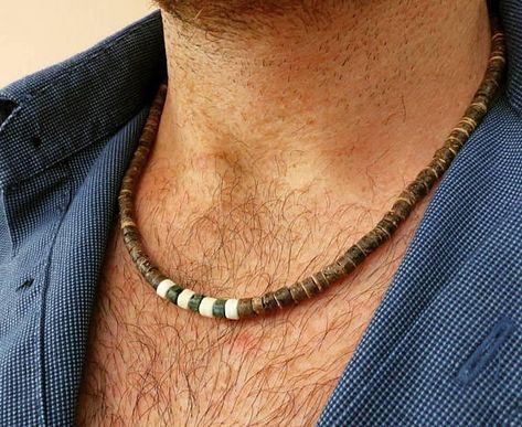 Mens beaded necklace. Mens surfer necklace.Surfer necklace. African Beaded Jewelry, Mens Choker Necklace, Men Choker, Mens Beaded Necklaces, Brown Beaded Necklace, Shell Beads Necklace, Jay Jay, Necklace Mens, Surfer Necklace