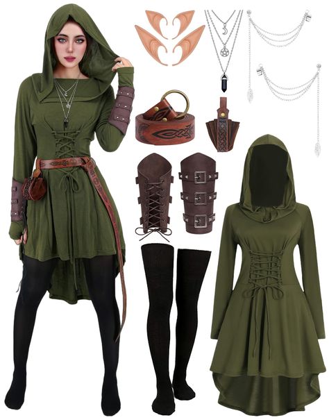 PRICES MAY VARY. Complete Renaissance Costume Dress Set: Wear our traditional Viking hooded dress, paired with elegant bell sleeves and lace up tight corset, transforming into a Renaissance beauty. The medieval fairy costume set also includes 2 different styles of elf ears, 1 pair of sliver leaf earrings, 1 medieval belt, 1 pair of arm guard, 1 belt purse, 1 pair of stockings and 1 fairy necklace, creating a charming retro charm. High Quality Material: Made of polyester, our medieval fairy costu D&d Costume Ideas, Archer Halloween Costume, Lord Of The Rings Elves Costume, Woodland Elf Cosplay, Elf Clothes Aesthetic, Diy Elf Costume Women, Elf Inspired Outfit, Renfair Outfits, Woodland Witch Costume