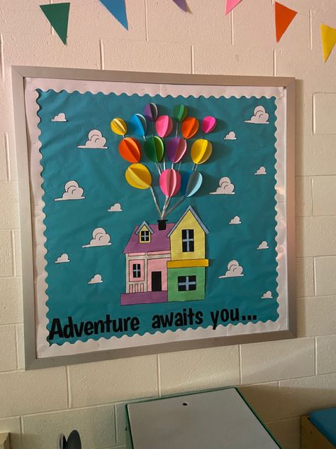 Up Inspired Bulletin Board, Moving Up Bulletin Board Ideas, Up Themed Door Decorations, Up House Bulletin Board, Up Theme Bulletin Board, Up Theme Classroom, Up Classroom Theme, Pixar Christmas, Disney Bulletin Boards