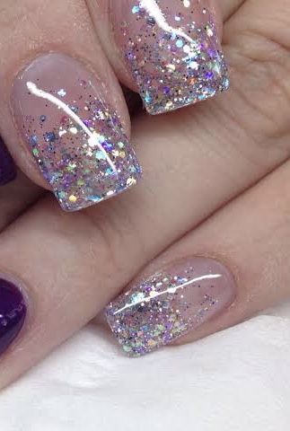 Glitter Pink Tip Nails, Glitter French Tip Gel Nails, French Dip Nail Designs, Glitter Birthday Nails, Lavender Glitter Nails, Ombre Sparkle Nails, Sparkly French Tip Nails, Sparkly Ombre Nails, Silver Sparkly Nails