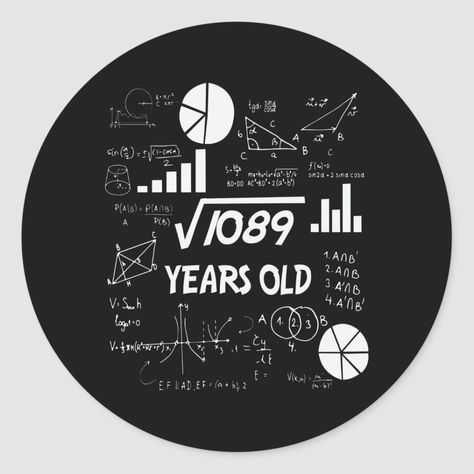 33rd Birthday Square Root Math 33 Years Old Bday Classic Round Sticker Size: Small, 1½ inch. Gender: unisex. Age Group: adult. 86 Birthday, 55th Birthday Gifts, 76th Birthday, 62nd Birthday, 54th Birthday, 42nd Birthday, 32 Birthday, 31st Birthday, Square Roots