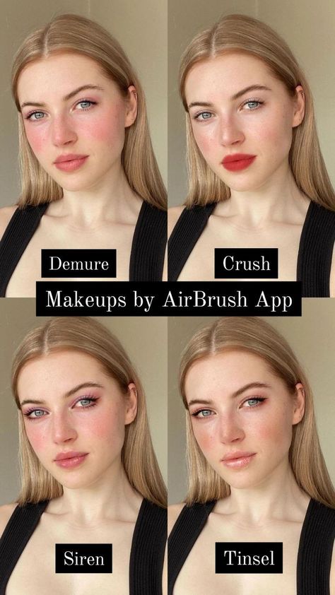 Photo edited by AirBrush App. Makeups: Sets Demure, Crush, Siren and Tinsel. Which makeup did you like the most? #AirBrush #retouch #photoeditor #filter #airbrushfilter #makeups #fashion #edit Demure Makeup, Airbrushed Makeup, Which Makeup, Airbrush App, Airbrush Makeup, Photo Edited, Level 3, Photo Editor, Fashion Makeup