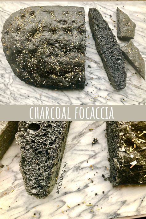 Charcoal Focaccia; a darkly attractive soft and chewy free-form loaf bursting with mediterranean flavour. Charcoal Bread, Black Bread, Uk Food, Autumn Recipes, Brown Bread, Ancient Grains, Chopping Block, Tasty Healthy, European Food