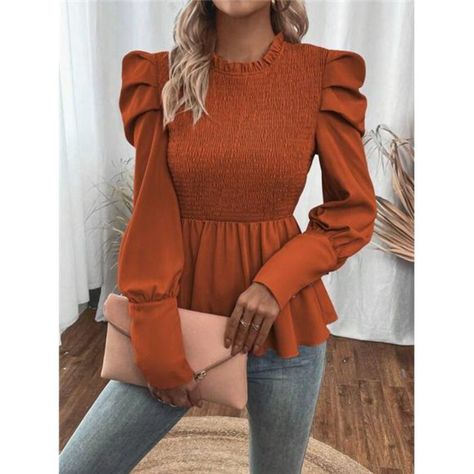 -Color: Brown -Style: Boho -Pattern Type: Plain -Type: Peplum -Neckline: Stand Collar -Sleeve Length: Long Sleeve -Details: Ruffle Hem, Button, Shirred -Sleeve Type: Leg-Of-Mutton Sleeve -Hem Shaped: Flared -Length: Regular -Fit Type: Slim Fit -Fabric: Non-Stretch -Material: Woven Fabric -Composition: 100% Polyester -Care Instructions: Machine Wash Or Professional Dry Clean -Sheer: No S = 2/4, M = 6/8 L=10/12 0x=12 1x=14 2x=16 3x=18 4x=20 Ships In 7-10 Days Boho - Wedding - Chic - Glam - Modern Shirred Sleeve, Puffy Sleeves Blouse, Mutton Sleeve, Glam Modern, Polished Casual, Leg Of Mutton Sleeve, Brown Style, Couture Runway, Boho Patterns