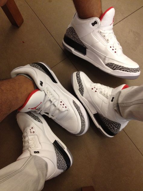 His & Hers Jordan 3 White Cement White Cement Jordan 3 Outfit, His And Hers Sneakers, Jordan 3 White Cement Reimagined Outfit, Matching Shoes For Couples Jordans, Air Jordan 3 Outfit Woman, Jordan 3 White Cement Outfit, Jordan 3 Retro Outfit, Jordan 3 Outfits, Matching Shoes For Couples