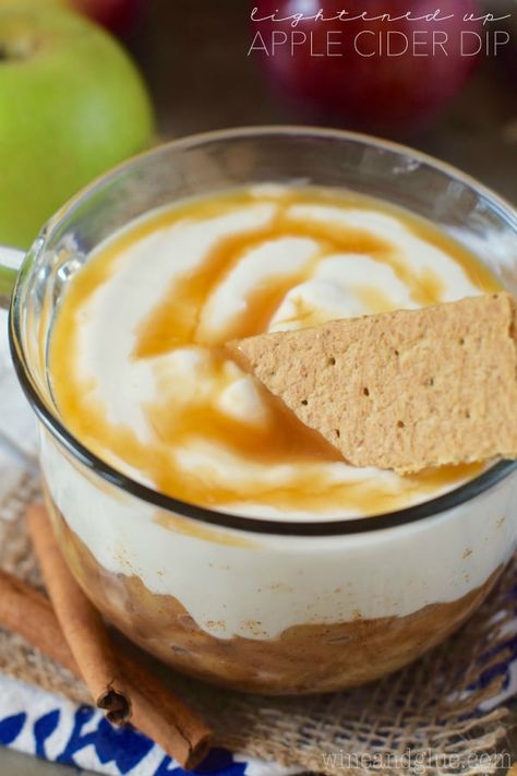 This Lightened Up Apple Cider Dip is a flavor packed dip without all the calories! Cut it in half and use a spoon for a lighter dessert for one! Apple Cider Dip, Apple Cider Desserts, Vegan Apple Cider, Caramel Apple Dip Recipe, Apple Dip Recipe, Simply Food, Caramel Apple Dip, Fall Parties, Impressive Desserts