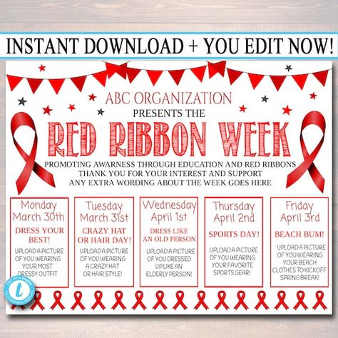 Red Ribbon Week Dress Days, Dress Up Days, Pta Ideas, School Pto, Red Ribbon Week, Ribbon Ideas, School Info, Theme Days, Dress Up Day