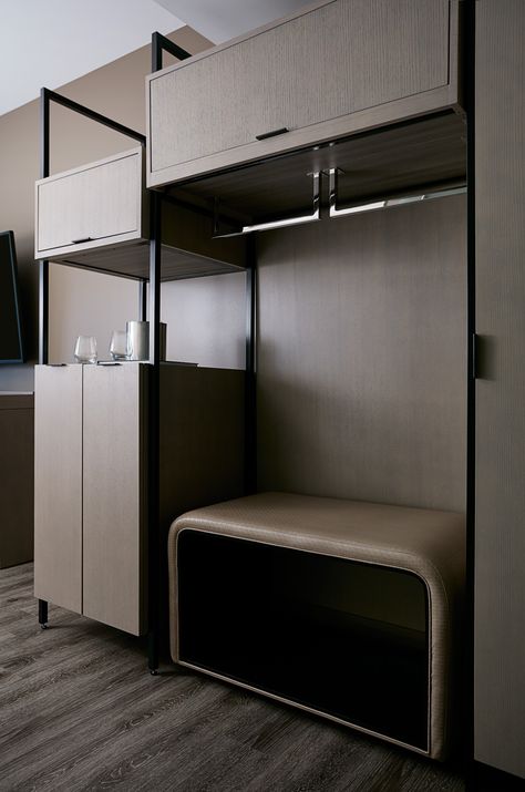 Open Wardrobe Hotel Room, Hotel Room Cupboard Design, Hotel Cupboard Design, Hotel Minibar Design, Open Cupboard Ideas, Cupboard Ideas Bedroom Modern, Mini Bar Bedroom, Mini Bar In Bedroom, Hotel Room Mini Bar