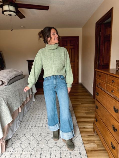 green turtleneck sweater outfit, wide leg cuffed jeans outfit ideas, green clogs outfit inspiration, casual winter outfit ideas for women, cozy fall outfit with green sweater, how to style wide leg jeans, trendy winter outfit Pinterest, green sweater and jeans outfit combo, casual chic green sweater look, winter fashion street style 2024, cozy and stylish outfit ideas, wide leg jeans with clogs outfit, green turtleneck winter fashion, minimalist winter outfit for women, everyday casual outfit inspo Wide Leg Jeans With Sweater Outfit, Cuffed Jeans Outfit Winter, Green Sweater And Jeans Outfit, Wide Leg Jean Outfits Winter, Cuffed Wide Leg Jeans Outfit, Cuffed Jeans Outfit 2024, Wide Leg Cuffed Jeans Outfit, Wide Leg Jeans Outfit Winter Casual, Cozy Teacher Outfits