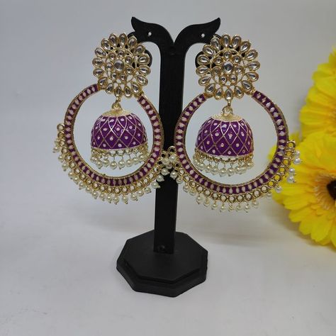 This is Meenakari Earring, Purple and white contemporary jhumkas, gold-plated, has artificial stones this is a very beautiful Earring. Purple Jhumka, Jhumkas Gold, Jewellery Board, Fancy Jewellery Designs, Artificial Stone, Fancy Jewellery, Pastel Purple, Purple And White, Gold Jewellery Design