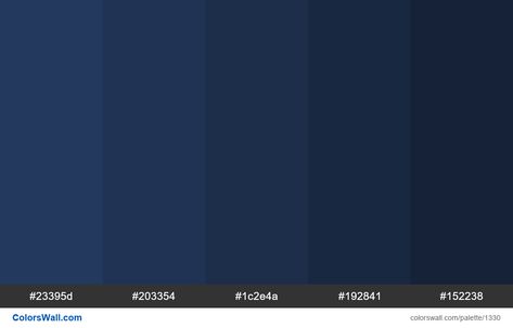 Dark blue shades colours. HEX colors #23395d, #203354, #1c2e4a, #192841, #152238. Brand original color codes, colors palette. Blue Color Hex, Dark Blue Color Code, Blue Hex Code, Blue Color Pallet, Blue Pallets, Navy Blue Paint Colors, Navy Color Palette, Navy Blue Paint, Blue Shades Colors