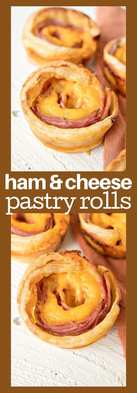 Easy Ham & Cheese Pastry Rolls – Puff pastry is layered with Dijon mustard, ham, and cheddar cheese, rolled and then baked in the oven until perfectly crispy #recipe #breakfast #pastry #easy #ham #cheese #puffpastry #snack Ham And Cheese Puff Pastry, Ham Cheese Puff Pastry, Puff Pastry Bites, Pastry Rolls, Pastry Bites, Cheese Puff, Easy Ham, Cheese Puff Pastry, Cheese Pastry