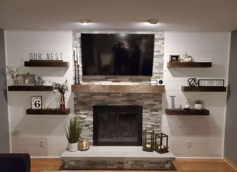 Fireplace Shelving Ideas Floating, Fireplace Wall With Floating Shelves, Floating Shelves Fireplace Surround, Floating Shelves Next To Fireplace, Wood Stoves Ideas, Pellet Stove Ideas, Celebration Painting, Shelves Around Fireplace, Black Mantle Fireplace