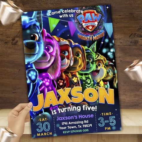 Paw Patrol Mighty Movie Birthday Invitation This product is digital, not phisycal item will be shiped. Your personalized files will be emailed asap after placing your order.   I need the party details for personalization, please fill the fields when placing your order.  all my files are high resolution 300 ppi.   #pawpatrolbirthday #birthdayinvitation #invitationforboys #pawpatrolinvitation Mighty Pups Birthday Party, 4th Birthday Paw Patrol, Birthday Paw Patrol, Boy Girl Names, Paw Patrol Birthday Party, Movie Birthday, Ideas Cumpleaños, Patrol Party, Paw Patrol Party