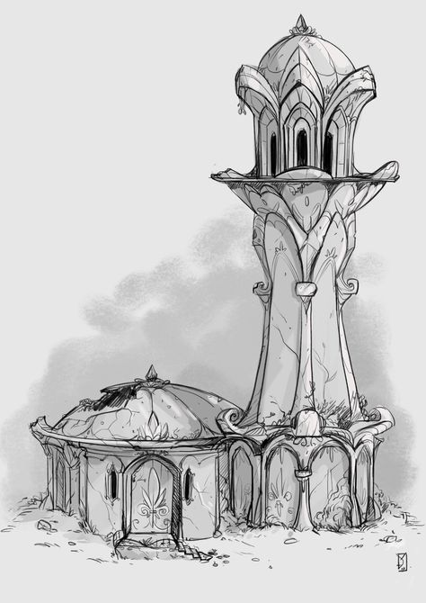 ArtStation-Elven tower "building design", Дэвид Яньес Elven Buildings Concept Art, Elven Drawings Fantasy Art, Fantasy Tower Design, Fantasy Building Drawing, High Elven Architecture, Elven Architecture Concept Art, Fantasy Architecture Drawing, Fantasy Structures Concept Art, Fantasy Tower Art