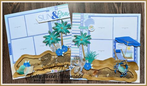 Ocean Scrapbook, Sea Scrapbook, Beach Scrapbook Layouts, Family Layout, Happy As A Clam, Gold Foil Paper, Foil Paper, Wooden Shapes, Stamp Pad