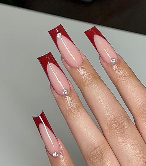 Long French Design Nails, Red Square Nails With Rhinestones, Red Tip Nails With Rhinestones, Dark Red French Tip Nails With Gems, Nail Ideas Red French Tips, Red Nails Acrylic Design Simple, Dark Red Nails With Design Glitter, Red French With Rhinestones, Red French Nails With Rhinestones