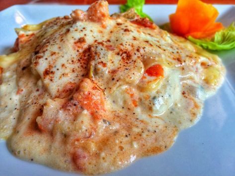 Lobster Lasagna Recipe, Lobster Lasagna, Lobster Scampi, Belizean Recipes, Belize Recipes, Belizean Food, Cultural Recipes, Belize Food, Jungle Lodge