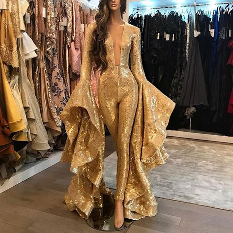 Walter Collection sur Instagram : Who could you see wearing this catsuit ? #waltercollection Gold Prom Gown, Formal Gala Dress, Embellished Jumpsuit, Jumpsuit Long Sleeve, Extreme Fashion, Gold Prom, Jumpsuit Long, Evening Jumpsuit, Cheap Evening Dresses