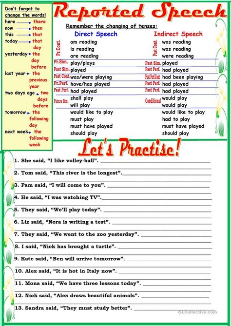 Reported Speech - English ESL Worksheets for distance learning and physical classrooms Reported Speech Grammar Rules, Direct And Indirect Speech, Indirect Speech, Direct Speech, Reported Speech, Active Passive, Grammar Exercises, Teaching English Grammar, English Grammar Worksheets