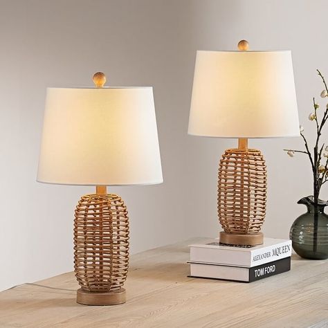 21" Bedside Natural Rattan Table Lamp Set (Set Of 2) - 12*12*21 - On Sale - Bed Bath & Beyond - 36102331 Beach Lamps, Coastal Room Decor, Rattan Table Lamp, Coastal Bedroom Decorating, Beachy Room, Coastal Room, Rattan Table, Nightstand Lamp, Coastal Bedroom